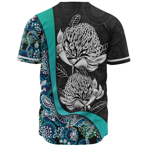 Australia  Warratah Goanna Aboriginal Baseball Shirt - Waratah Flowers With Blue Lizards, Stones, Sand Dot Art Painting Inspired Baseball Shirt Australia  Warratah Goanna Aboriginal Baseball Shirt - Waratah Flowers With Blue Lizards, Stones, Sand Dot Art Painting Inspired Baseball Shirt