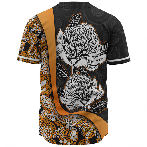 Australia  Warratah Goanna Aboriginal Baseball Shirt - Waratah Flowers With Orange Lizards, Stones, Sand Dot Art Painting Inspired Baseball Shirt Australia  Warratah Goanna Aboriginal Baseball Shirt - Waratah Flowers With Orange Lizards, Stones, Sand Dot Art Painting Inspired Baseball Shirt