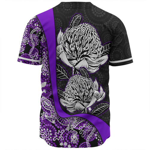 Australia  Warratah Goanna Aboriginal Baseball Shirt - Waratah Flowers With Purple Lizards, Stones, Sand Dot Art Painting Inspired Baseball Shirt Australia  Warratah Goanna Aboriginal Baseball Shirt - Waratah Flowers With Purple Lizards, Stones, Sand Dot Art Painting Inspired Baseball Shirt