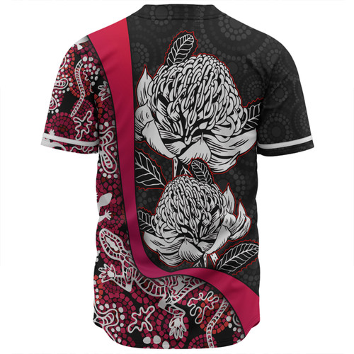Australia  Warratah Goanna Aboriginal Baseball Shirt - Waratah Flowers With Red Lizards, Stones, Sand Dot Art Painting Inspired Baseball Shirt Australia  Warratah Goanna Aboriginal Baseball Shirt - Waratah Flowers With Red Lizards, Stones, Sand Dot Art Painting Inspired Baseball Shirt