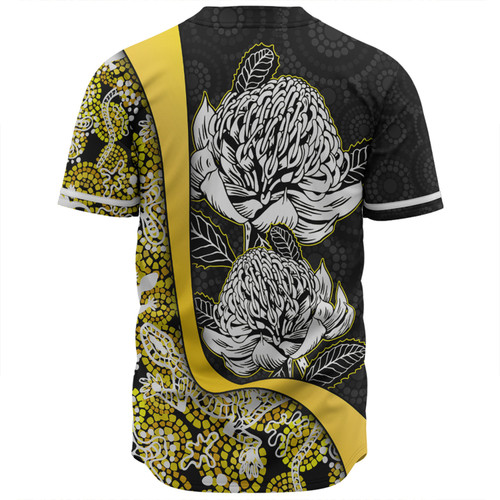 Australia  Warratah Goanna Aboriginal Baseball Shirt - Waratah Flowers With Yellow Lizards, Stones, Sand Dot Art Painting Inspired Baseball Shirt Australia  Warratah Goanna Aboriginal Baseball Shirt - Waratah Flowers With Yellow Lizards, Stones, Sand Dot Art Painting Inspired Baseball Shirt