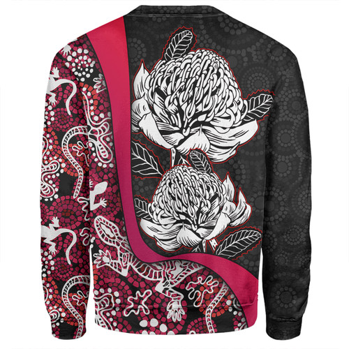 Australia  Warratah Goanna Aboriginal Sweatshirt - Waratah Flowers With Red Lizards, Stones, Sand Dot Art Painting Inspired Sweatshirt Australia  Warratah Goanna Aboriginal Sweatshirt - Waratah Flowers With Red Lizards, Stones, Sand Dot Art Painting Inspired Sweatshirt