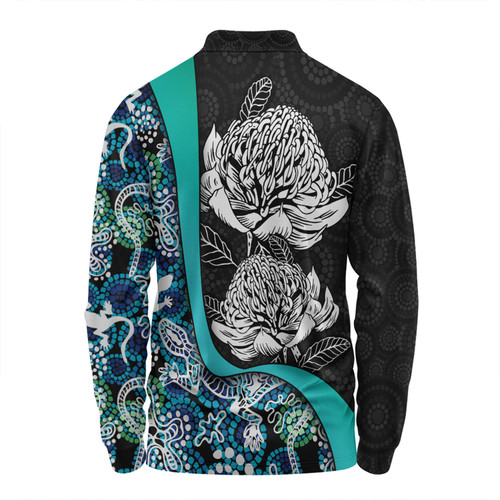 Australia  Warratah Goanna Aboriginal Long Sleeve Polo Shirt - Waratah Flowers With Blue Lizards, Stones, Sand Dot Art Painting Inspired Long Sleeve Polo Shirt Australia  Warratah Goanna Aboriginal Long Sleeve Polo Shirt - Waratah Flowers With Blue Lizards, Stones, Sand Dot Art Painting Inspired Long Sleeve Polo Shirt