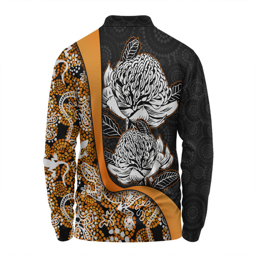 Australia  Warratah Goanna Aboriginal Long Sleeve Polo Shirt - Waratah Flowers With Orange Lizards, Stones, Sand Dot Art Painting Inspired Long Sleeve Polo Shirt Australia  Warratah Goanna Aboriginal Long Sleeve Polo Shirt - Waratah Flowers With Orange Lizards, Stones, Sand Dot Art Painting Inspired Long Sleeve Polo Shirt