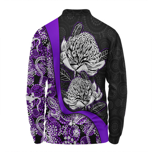 Australia  Warratah Goanna Aboriginal Long Sleeve Polo Shirt - Waratah Flowers With Purple Lizards, Stones, Sand Dot Art Painting Inspired Long Sleeve Polo Shirt Australia  Warratah Goanna Aboriginal Long Sleeve Polo Shirt - Waratah Flowers With Purple Lizards, Stones, Sand Dot Art Painting Inspired Long Sleeve Polo Shirt