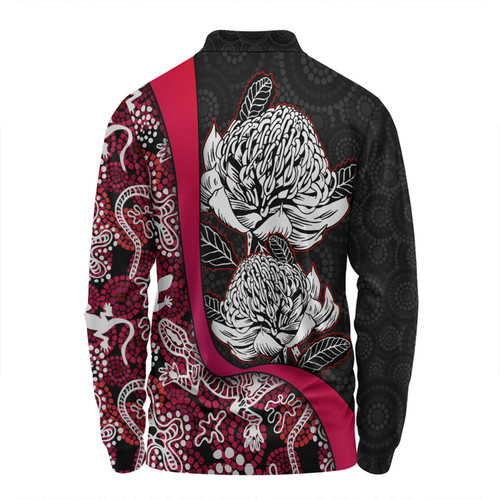 Australia  Warratah Goanna Aboriginal Long Sleeve Polo Shirt - Waratah Flowers With Red Lizards, Stones, Sand Dot Art Painting Inspired Long Sleeve Polo Shirt Australia  Warratah Goanna Aboriginal Long Sleeve Polo Shirt - Waratah Flowers With Red Lizards, Stones, Sand Dot Art Painting Inspired Long Sleeve Polo Shirt