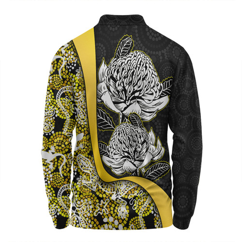 Australia  Warratah Goanna Aboriginal Long Sleeve Polo Shirt - Waratah Flowers With Yellow Lizards, Stones, Sand Dot Art Painting Inspired Long Sleeve Polo Shirt Australia  Warratah Goanna Aboriginal Long Sleeve Polo Shirt - Waratah Flowers With Yellow Lizards, Stones, Sand Dot Art Painting Inspired Long Sleeve Polo Shirt