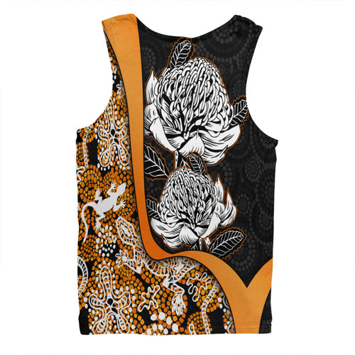 Australia  Warratah Goanna Aboriginal Men Singlet - Waratah Flowers With Orange Lizards, Stones, Sand Dot Art Painting Inspired Men Singlet Australia  Warratah Goanna Aboriginal Men Singlet - Waratah Flowers With Orange Lizards, Stones, Sand Dot Art Painting Inspired Men Singlet