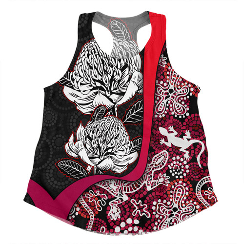 Australia  Warratah Goanna Aboriginal Women Racerback Singlet - Waratah Flowers With Red Lizards, Stones, Sand Dot Art Painting Inspired Women Racerback Singlet