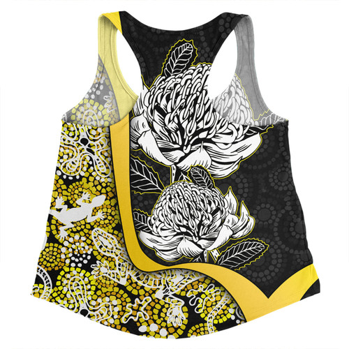Australia  Warratah Goanna Aboriginal Women Racerback Singlet - Waratah Flowers With Yellow Lizards, Stones, Sand Dot Art Painting Inspired Women Racerback Singlet Australia  Warratah Goanna Aboriginal Women Racerback Singlet - Waratah Flowers With Yellow Lizards, Stones, Sand Dot Art Painting Inspired Women Racerback Singlet