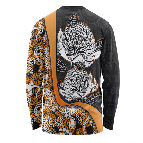 Australia  Warratah Goanna Aboriginal Long Sleeve T-shirt - Waratah Flowers With Orange Lizards, Stones, Sand Dot Art Painting Inspired Long Sleeve T-shirt Australia  Warratah Goanna Aboriginal Long Sleeve T-shirt - Waratah Flowers With Orange Lizards, Stones, Sand Dot Art Painting Inspired Long Sleeve T-shirt