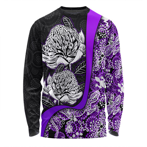 Australia  Warratah Goanna Aboriginal Long Sleeve T-shirt - Waratah Flowers With Purple Lizards, Stones, Sand Dot Art Painting Inspired Long Sleeve T-shirt