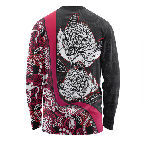Australia  Warratah Goanna Aboriginal Long Sleeve T-shirt - Waratah Flowers With Red Lizards, Stones, Sand Dot Art Painting Inspired Long Sleeve T-shirt Australia  Warratah Goanna Aboriginal Long Sleeve T-shirt - Waratah Flowers With Red Lizards, Stones, Sand Dot Art Painting Inspired Long Sleeve T-shirt