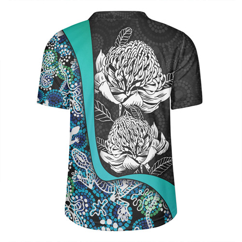 Australia  Warratah Goanna Aboriginal Rugby Jersey - Waratah Flowers With Blue Lizards, Stones, Sand Dot Art Painting Inspired Rugby Jersey Australia  Warratah Goanna Aboriginal Rugby Jersey - Waratah Flowers With Blue Lizards, Stones, Sand Dot Art Painting Inspired Rugby Jersey