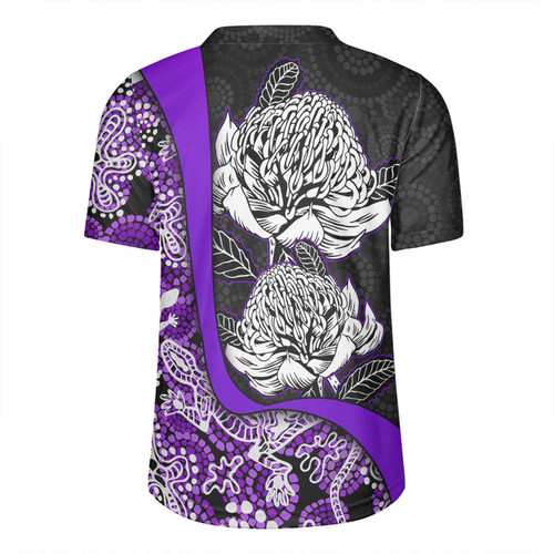 Australia  Warratah Goanna Aboriginal Rugby Jersey - Waratah Flowers With Purple Lizards, Stones, Sand Dot Art Painting Inspired Rugby Jersey Australia  Warratah Goanna Aboriginal Rugby Jersey - Waratah Flowers With Purple Lizards, Stones, Sand Dot Art Painting Inspired Rugby Jersey