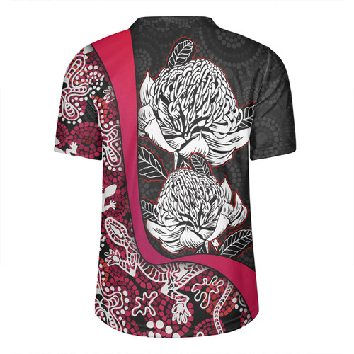 Australia  Warratah Goanna Aboriginal Rugby Jersey - Waratah Flowers With Red Lizards, Stones, Sand Dot Art Painting Inspired Rugby Jersey Australia  Warratah Goanna Aboriginal Rugby Jersey - Waratah Flowers With Red Lizards, Stones, Sand Dot Art Painting Inspired Rugby Jersey