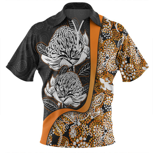 Australia  Warratah Goanna Aboriginal Zip Polo Shirt - Waratah Flowers With Orange Lizards, Stones, Sand Dot Art Painting Inspired Zip Polo Shirt