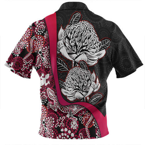 Australia  Warratah Goanna Aboriginal Zip Polo Shirt - Waratah Flowers With Red Lizards, Stones, Sand Dot Art Painting Inspired Zip Polo Shirt Australia  Warratah Goanna Aboriginal Zip Polo Shirt - Waratah Flowers With Red Lizards, Stones, Sand Dot Art Painting Inspired Zip Polo Shirt