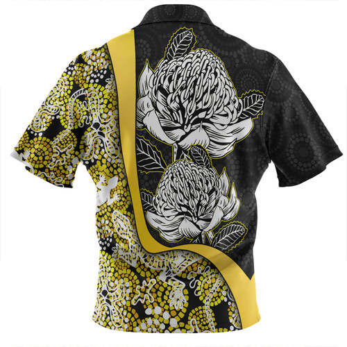 Australia  Warratah Goanna Aboriginal Zip Polo Shirt - Waratah Flowers With Yellow Lizards, Stones, Sand Dot Art Painting Inspired Zip Polo Shirt Australia  Warratah Goanna Aboriginal Zip Polo Shirt - Waratah Flowers With Yellow Lizards, Stones, Sand Dot Art Painting Inspired Zip Polo Shirt