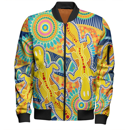 Australia Platypus Aboriginal Bomber Jacket - Yellow Platypus With Aboriginal Art Dot Painting Patterns Inspired Bomber Jacket