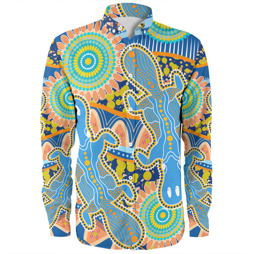 Australia Platypus Aboriginal Long Sleeve Shirt - Blue Platypus With Aboriginal Art Dot Painting Patterns Inspired Long Sleeve Shirt