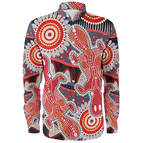 Australia Platypus Aboriginal Long Sleeve Shirt - Red Platypus With Aboriginal Art Dot Painting Patterns Inspired Long Sleeve Shirt