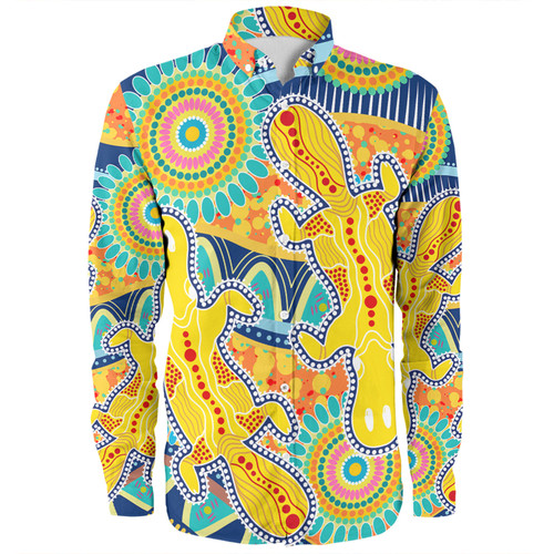 Australia Platypus Aboriginal Long Sleeve Shirt - Yellow Platypus With Aboriginal Art Dot Painting Patterns Inspired Long Sleeve Shirt