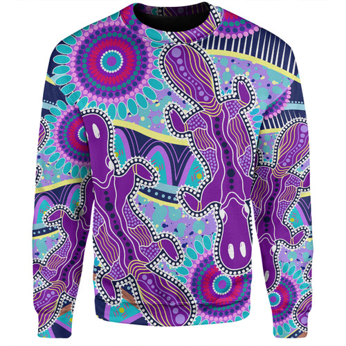 Australia Platypus Aboriginal Sweatshirt - Purple Platypus With Aboriginal Art Dot Painting Patterns Inspired Sweatshirt