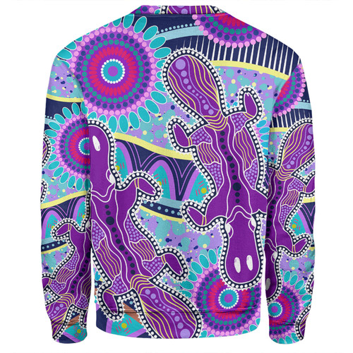Australia Platypus Aboriginal Sweatshirt - Purple Platypus With Aboriginal Art Dot Painting Patterns Inspired Sweatshirt Australia Platypus Aboriginal Sweatshirt - Purple Platypus With Aboriginal Art Dot Painting Patterns Inspired Sweatshirt