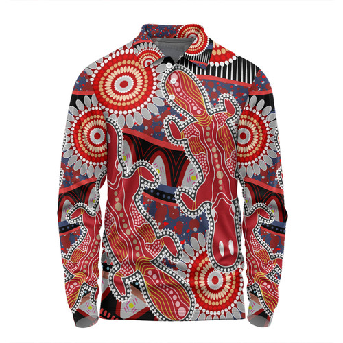 Australia Platypus Aboriginal Long Sleeve Polo Shirt - Red Platypus With Aboriginal Art Dot Painting Patterns Inspired Long Sleeve Polo Shirt