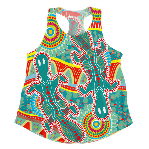 Australia Platypus Aboriginal Women Racerback Singlet - Green Platypus With Aboriginal Art Dot Painting Patterns Inspired Women Racerback Singlet