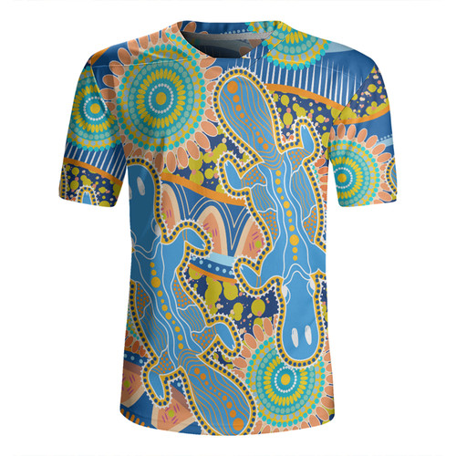 Australia Platypus Aboriginal Rugby Jersey - Blue Platypus With Aboriginal Art Dot Painting Patterns Inspired Rugby Jersey