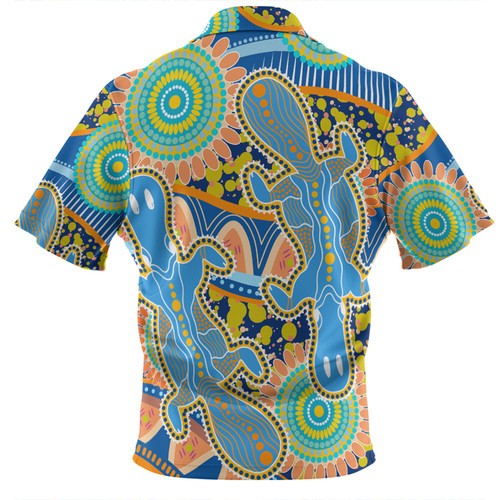Australia Platypus Aboriginal Zip Polo Shirt - Blue Platypus With Aboriginal Art Dot Painting Patterns Inspired Zip Polo Shirt