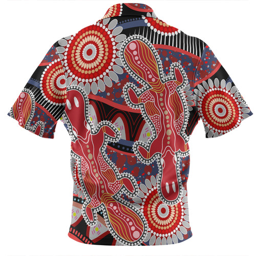 Australia Platypus Aboriginal Zip Polo Shirt - Red Platypus With Aboriginal Art Dot Painting Patterns Inspired Zip Polo Shirt