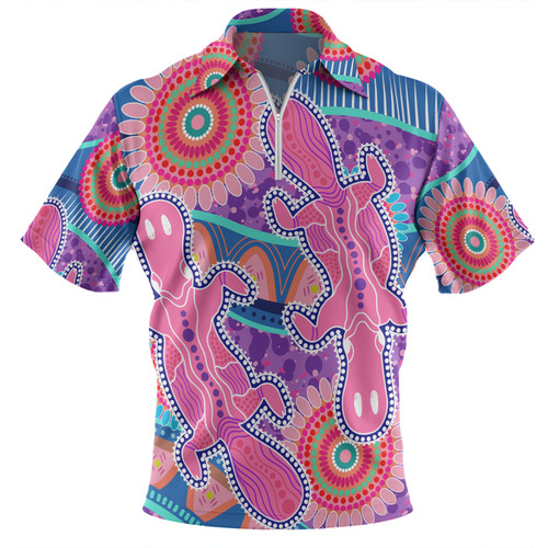 Australia Platypus Aboriginal Zip Polo Shirt - Pink Platypus With Aboriginal Art Dot Painting Patterns Inspired Zip Polo Shirt