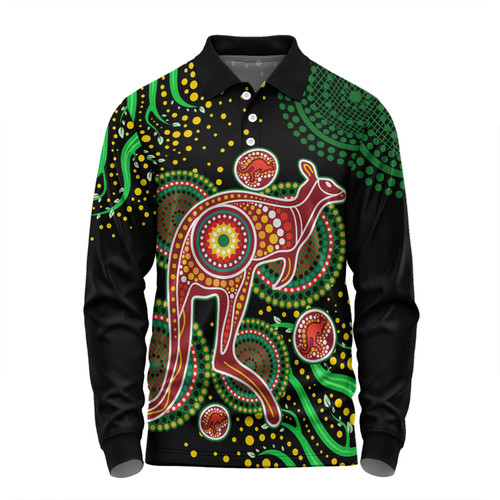 Australia Kangaroo Aboriginal Custom Long Sleeve Polo Shirt - Aboriginal Plant With Kangaroo Colorful Art Long Sleeve Polo Shirt