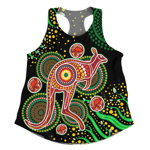 Australia Kangaroo Aboriginal Custom Women Racerback Singlet - Aboriginal Plant With Kangaroo Colorful Art Women Racerback Singlet