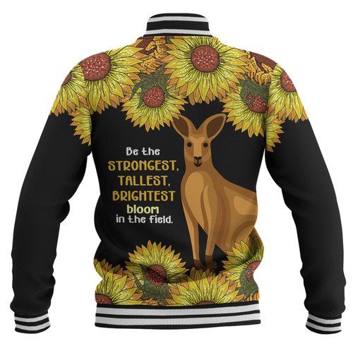 Australia Kangaroo Aboriginal Custom Baseball Jacket - Aboriginal Sunflowers With Kangaroo Be The Strongest Dot Painting Art Baseball Jacket Australia Kangaroo Aboriginal Custom Baseball Jacket - Aboriginal Sunflowers With Kangaroo Be The Strongest Dot Painting Art Baseball Jacket