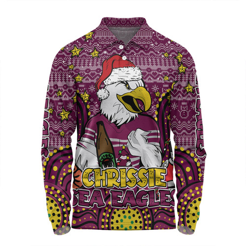 Manly Warringah Sea Eagles Christmas Custom Long Sleeve Polo Shirt - Christmas Knit Patterns Vintage Jersey Ugly Long Sleeve Polo Shirt