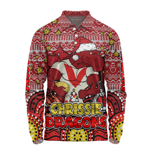 St. George Illawarra Dragons Christmas Custom Long Sleeve Polo Shirt - Christmas Knit Patterns Vintage Jersey Ugly Long Sleeve Polo Shirt