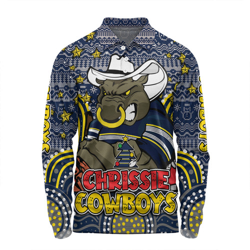 North Queensland Cowboys Christmas Custom Long Sleeve Polo Shirt - Christmas Knit Patterns Vintage Jersey Ugly Long Sleeve Polo Shirt