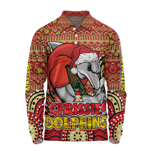 Redcliffe Dolphins Christmas Custom Long Sleeve Polo Shirt - Christmas Knit Patterns Vintage Jersey Ugly Long Sleeve Polo Shirt