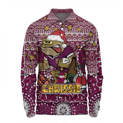 Queensland Cane Toads Christmas Custom Long Sleeve Polo Shirt - Christmas Knit Patterns Vintage Jersey Ugly Long Sleeve Polo Shirt