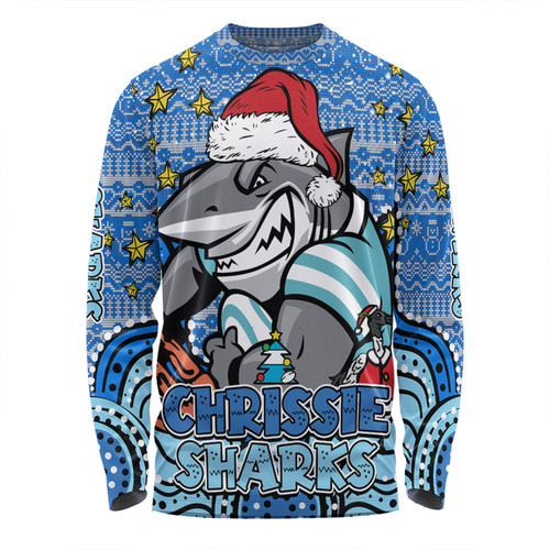 Cronulla-Sutherland Sharks Christmas Custom Long Sleeve T-shirt - Christmas Knit Patterns Vintage Jersey Ugly Long Sleeve T-shirt