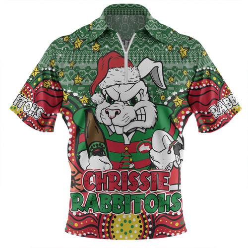 South Sydney Rabbitohs Custom Zip Polo Shirt - Christmas Knit Patterns Vintage Jersey Ugly Zip Polo Shirt