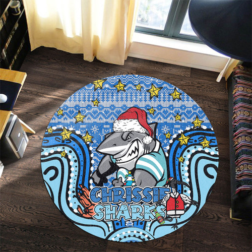 Cronulla-Sutherland Sharks Christmas Custom Round Rug - Christmas Knit Patterns Vintage Jersey Ugly Round Rug