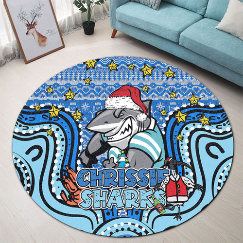 Cronulla-Sutherland Sharks Christmas Custom Round Rug - Christmas Knit Patterns Vintage Jersey Ugly Round Rug