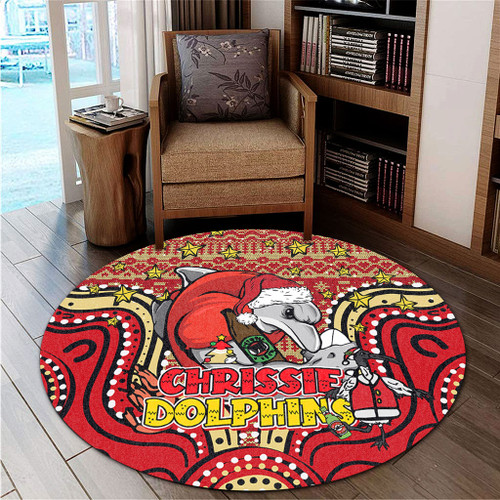 Redcliffe Dolphins Christmas Custom Round Rug - Christmas Knit Patterns Vintage Jersey Ugly Round Rug