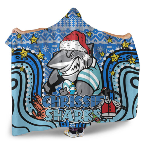 Cronulla-Sutherland Sharks Christmas Custom Hooded Blanket - Christmas Knit Patterns Vintage Jersey Ugly Hooded Blanket