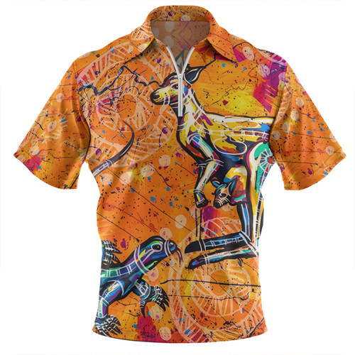 Australia Kangaroo Aboriginal Zip Polo Shirt - Australia Kangaroo And Goanna Zip Polo Shirt